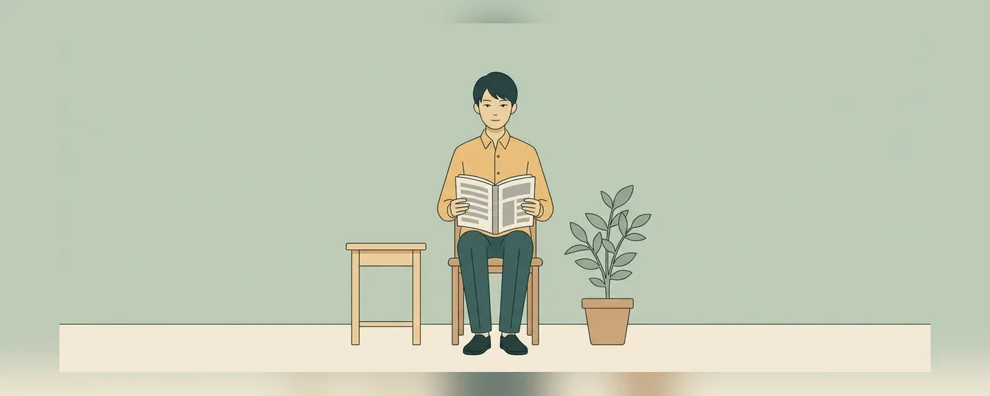 椅子に座り本を開いて学び直しについて考える人物