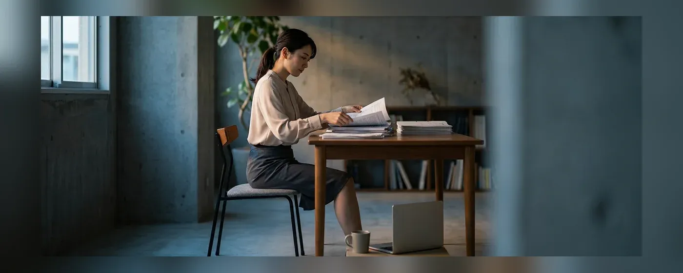 デスクで書類をまとめる女性