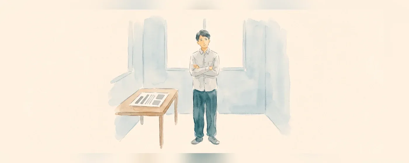 腕を組んで考え込む男性と机の上の書類