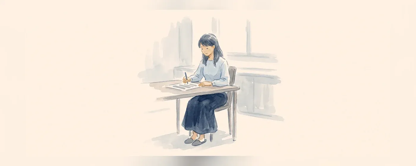 机に向かって書類にペンで書き込む女性