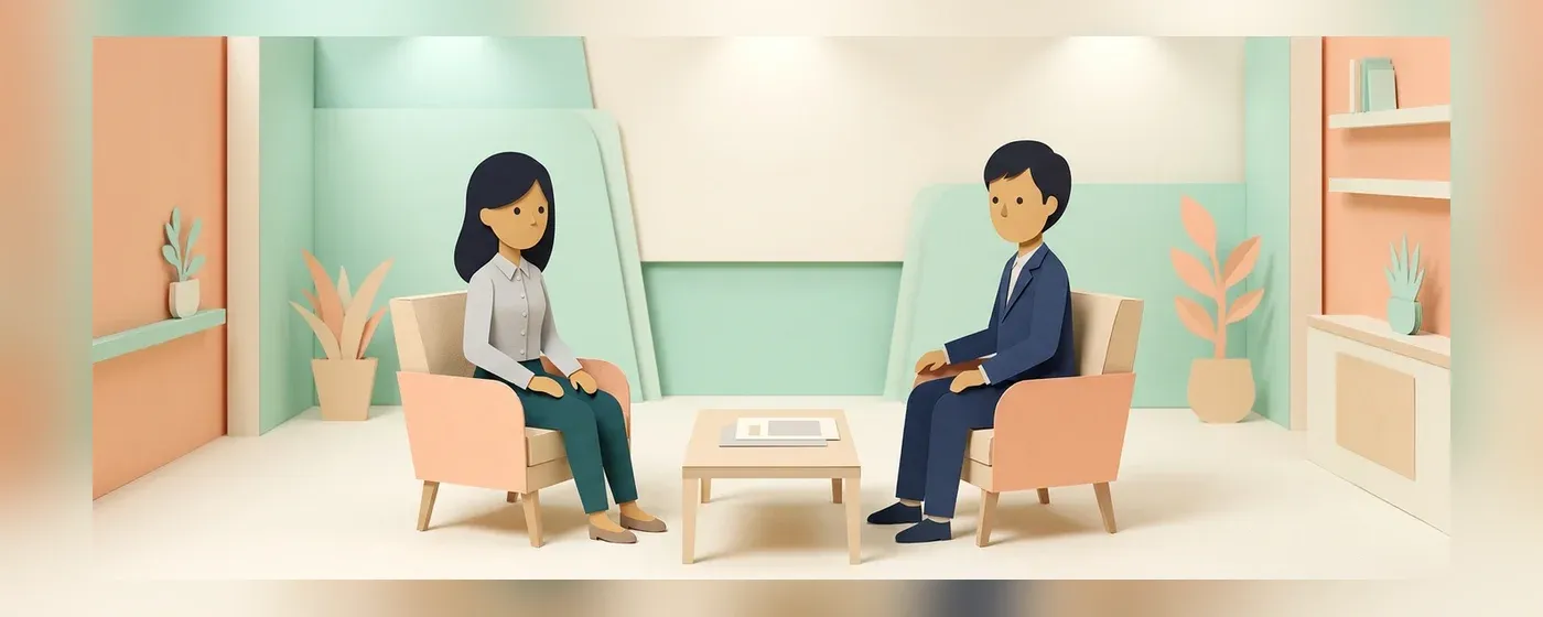 向かい合って和やかに面接の会話をする女性応募者と男性面接官