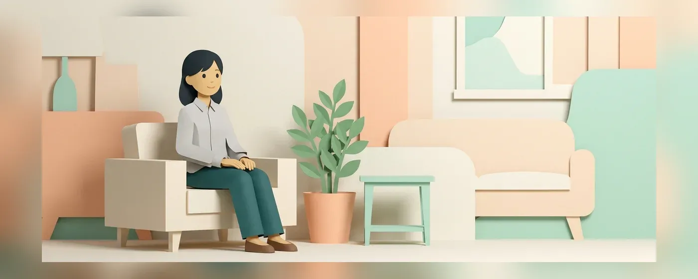 部屋でリラックスしながら笑顔で考え事をする女性