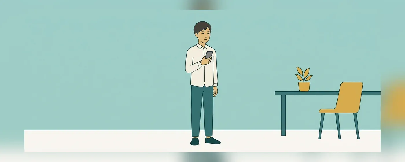 スマホを手に持ち考え込むビジネスパーソン