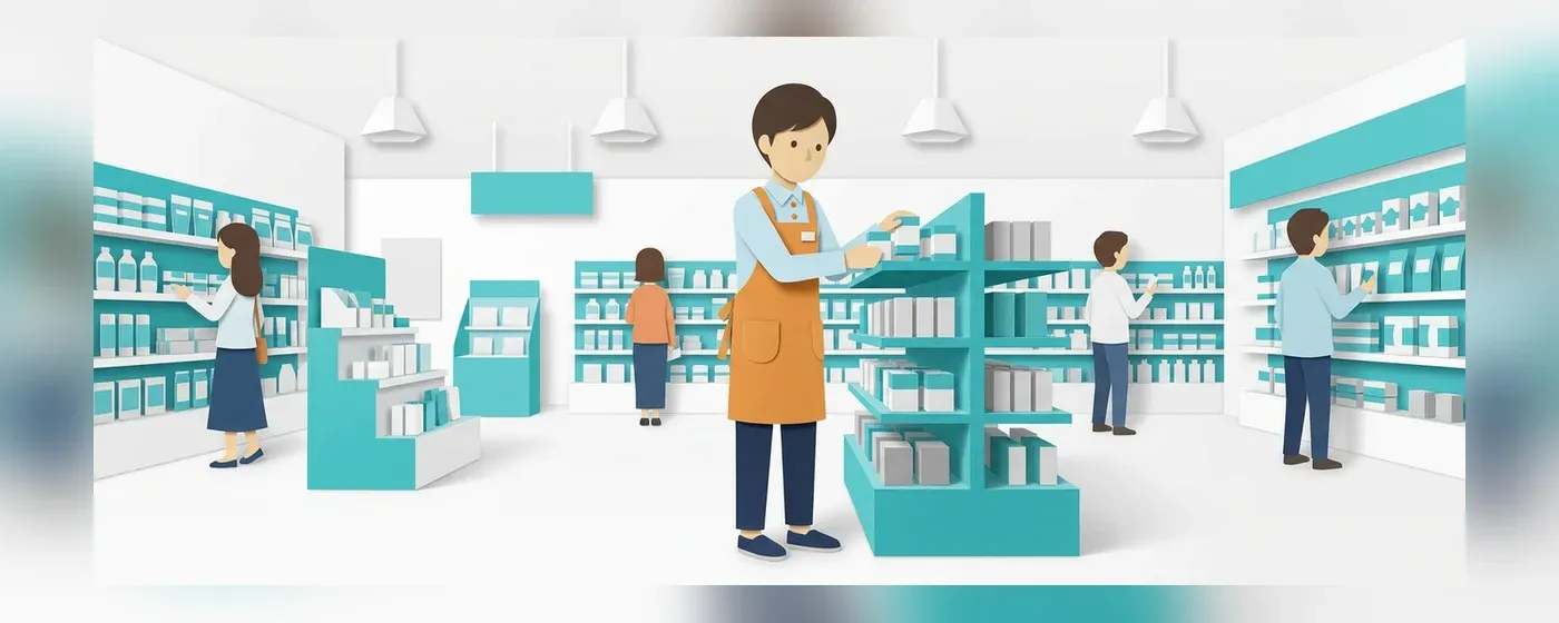 ドラッグストアの棚に商品を陳列するエプロン姿の店員