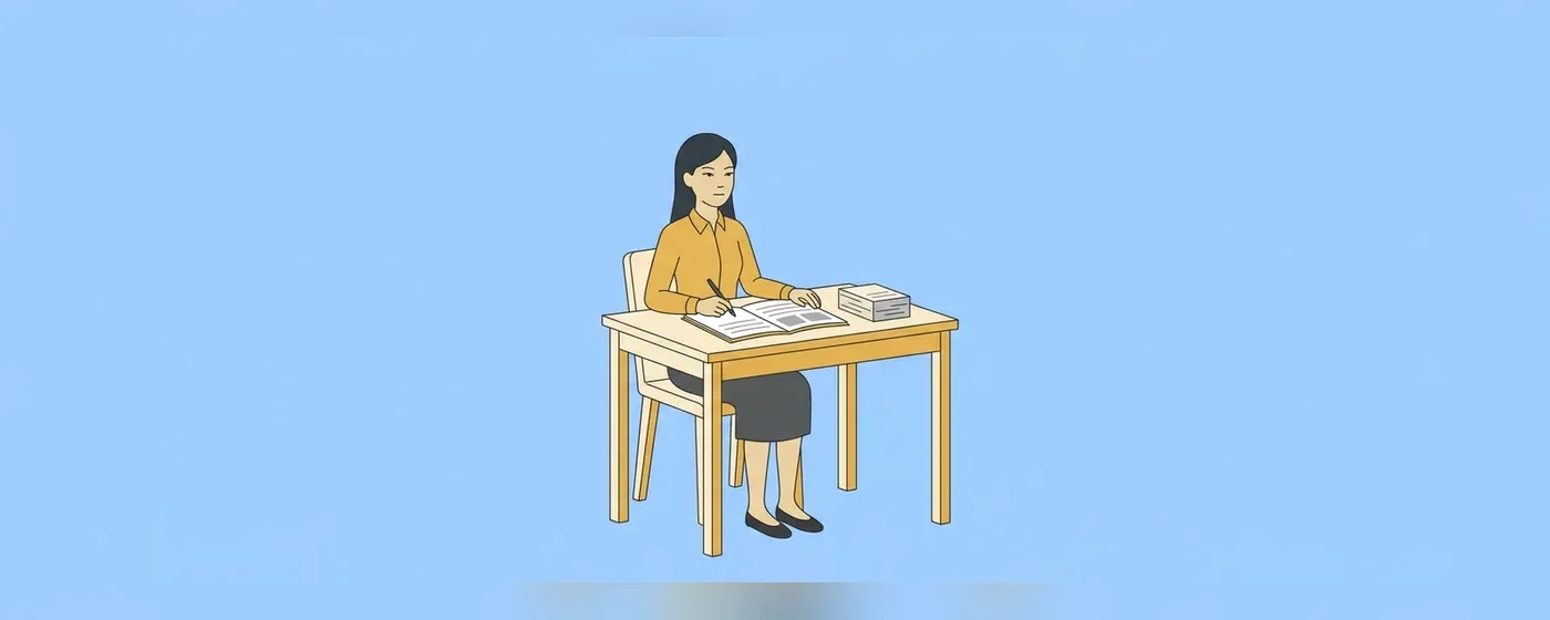 机に向かってノートにペンで書き込む女性