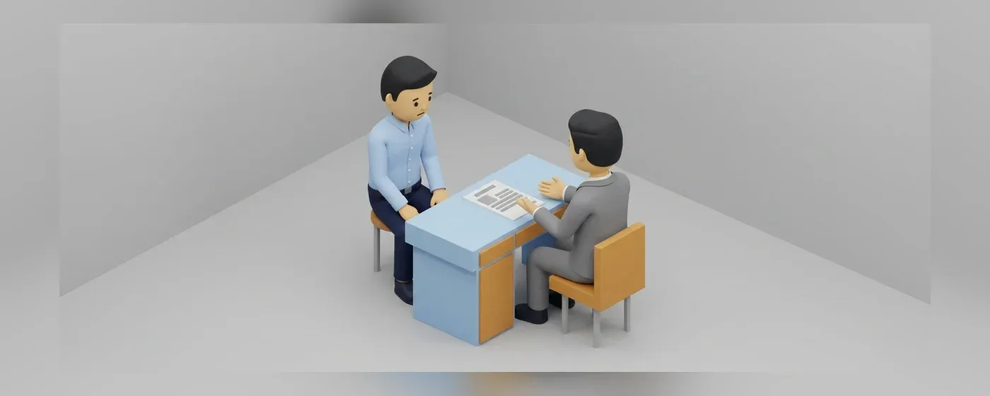 デスクで上司の説明に不安そうな表情を見せる若手社員