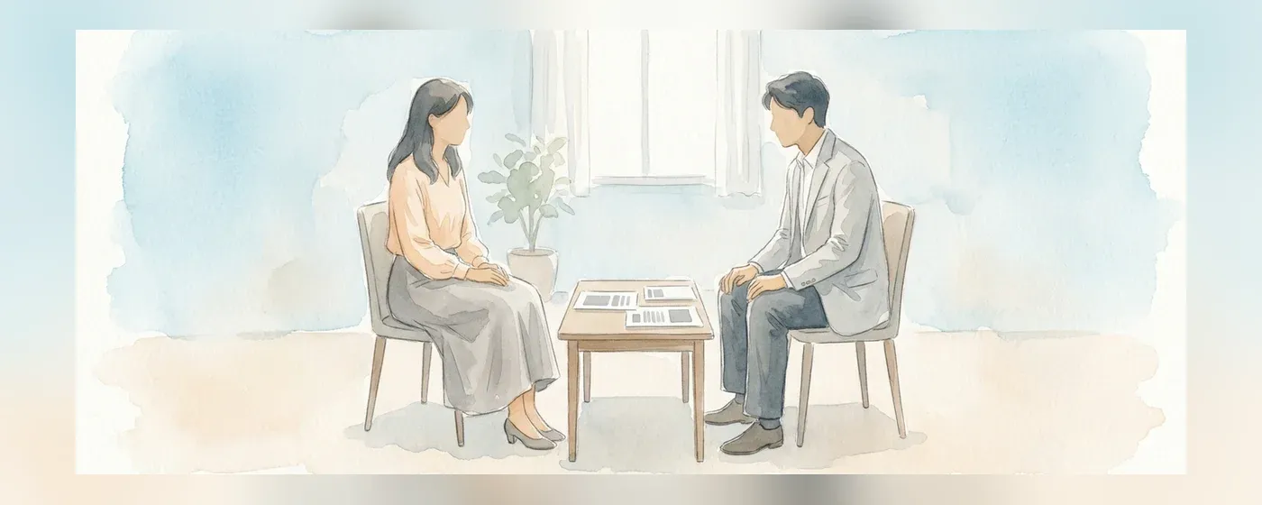 相談室で書類を挟んで話す二人の人物