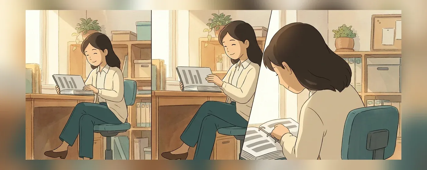 書類を確認して微笑む女性