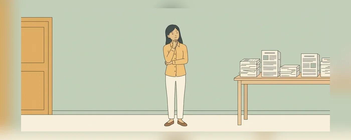 山積みの書類の前で考え込む女性
