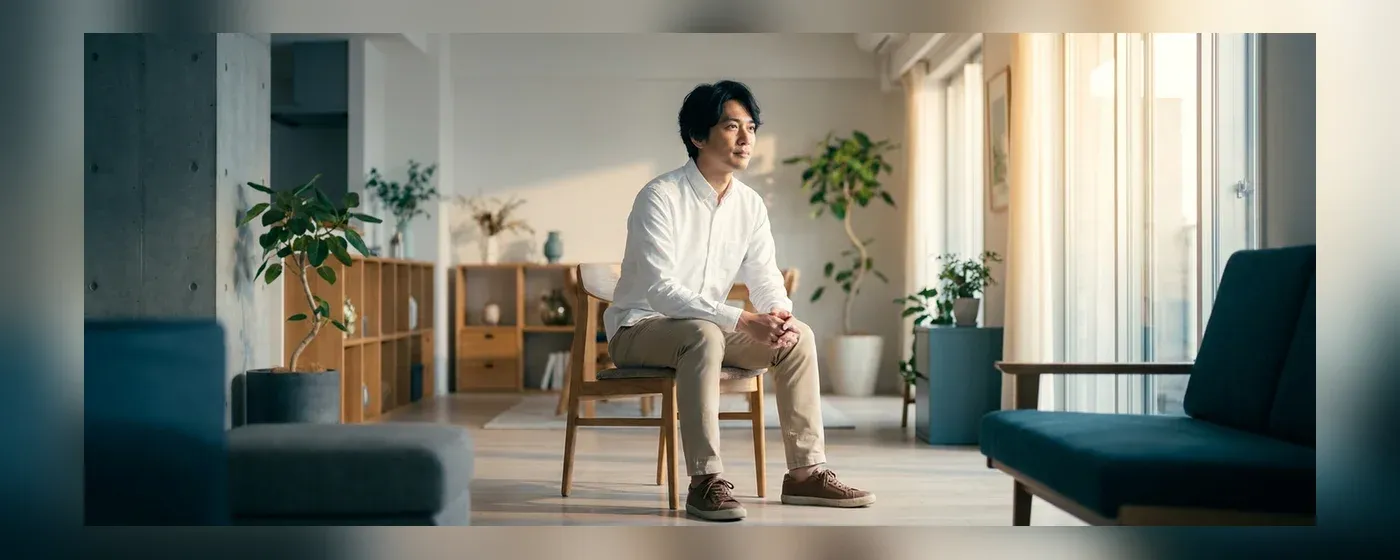 リビングで考え事をする男性