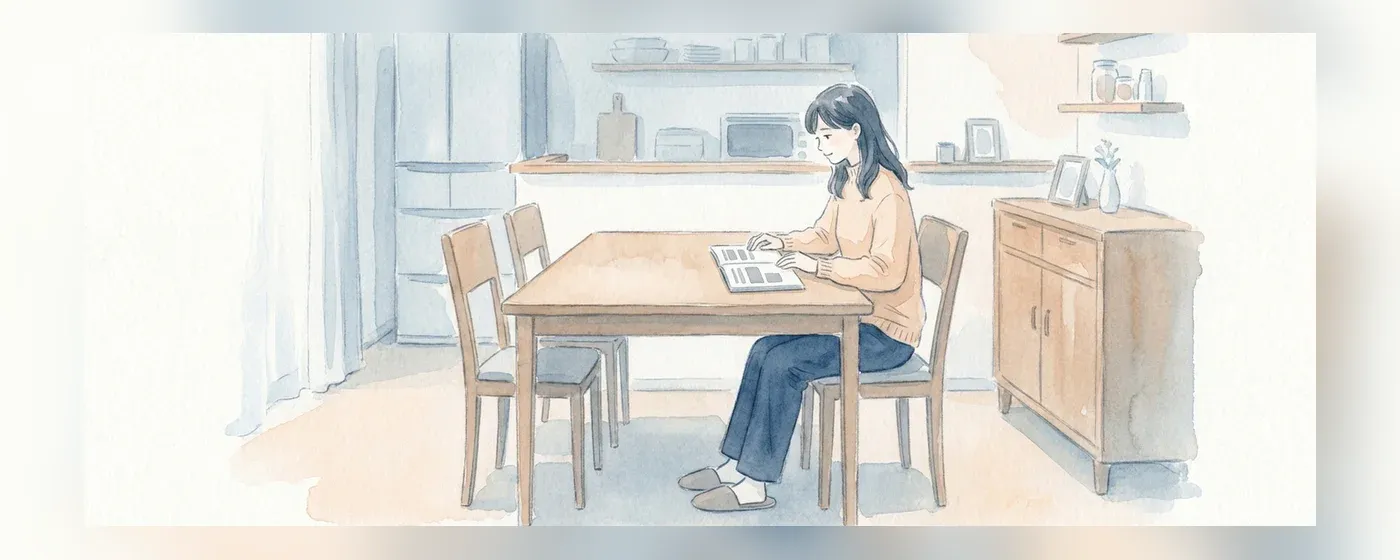 テーブルでノートを見ながら考える女性