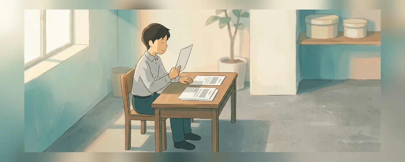 机で複数の書類を見比べる若い社員