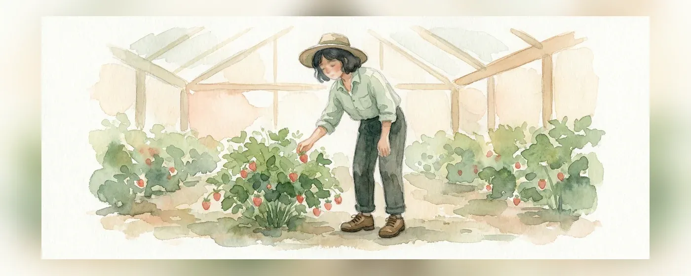 いちご農家のビニールハウスで収穫作業をする人