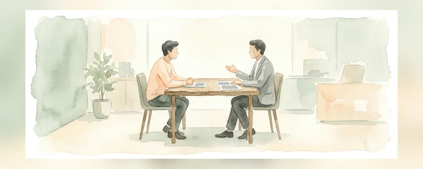 机を挟んで向かい合って相談する二人の人物