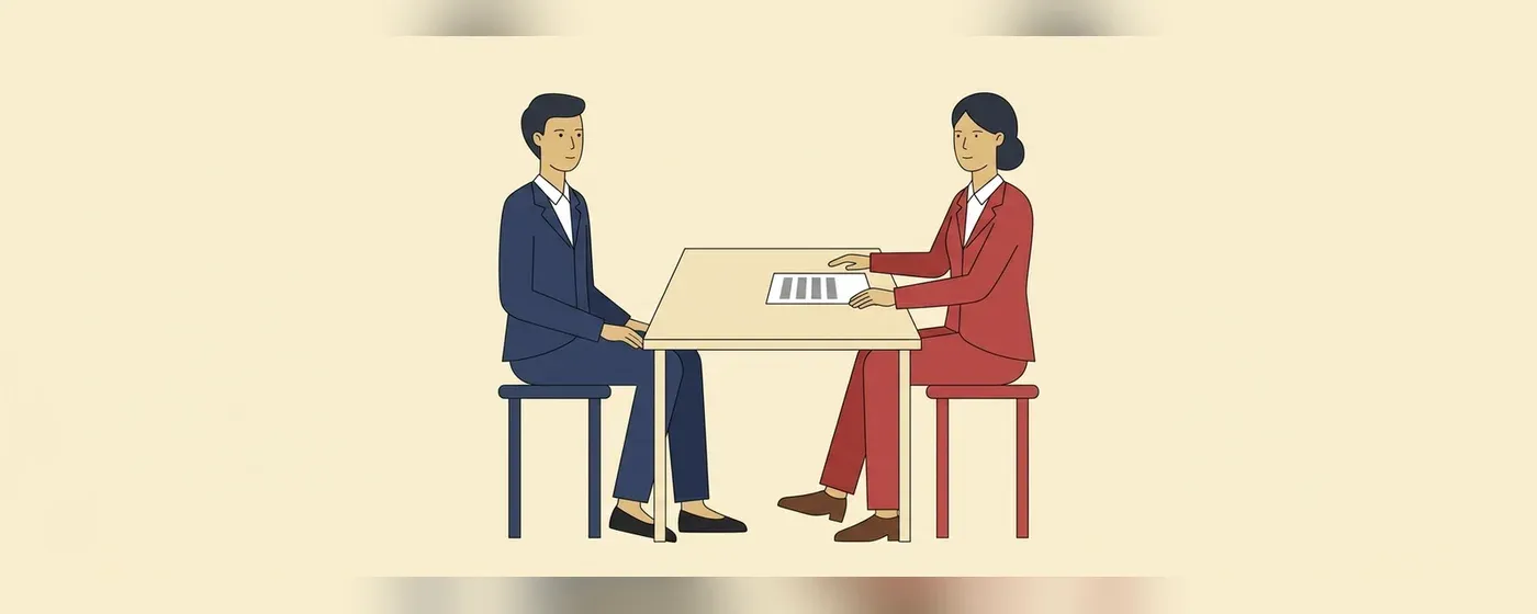 机を挟んで向かい合う応募者と面接官