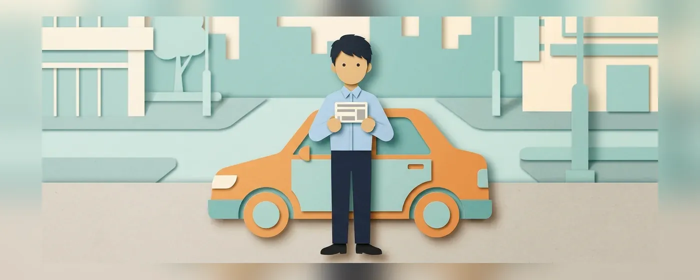 車の横でカードを手に持ち考えている男性ドライバー