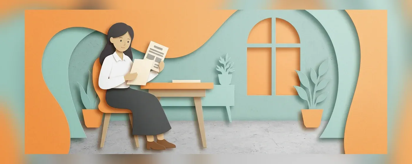 机に座り書類を見ながら考えている女性