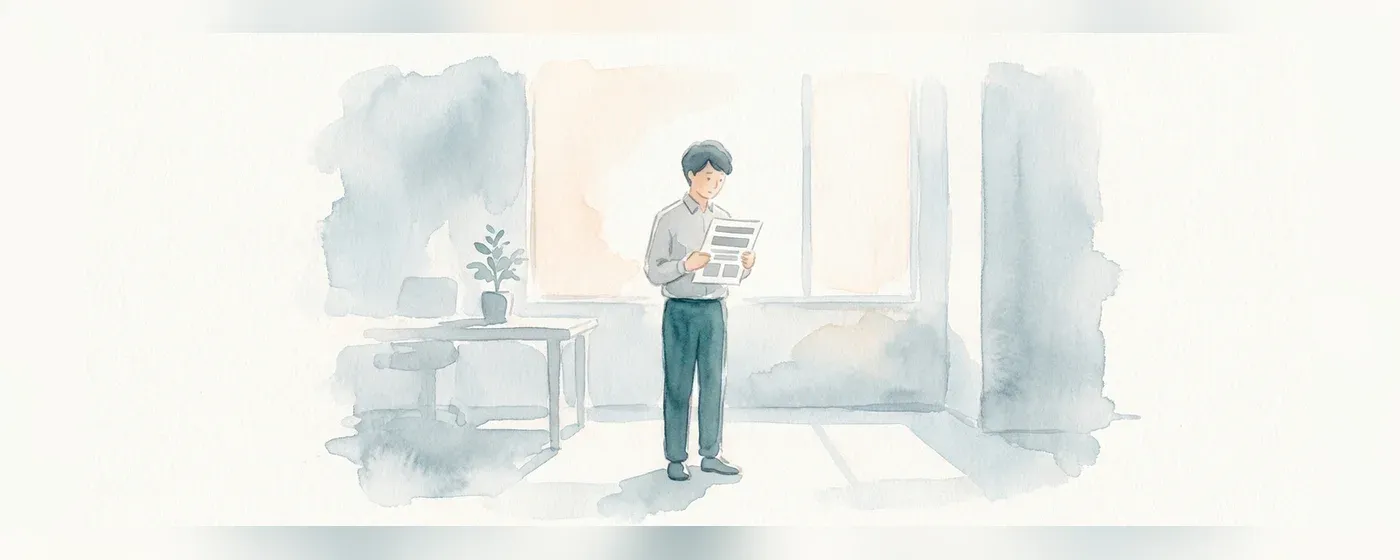 書類を両手で持ち考え込んでいるビジネスパーソン