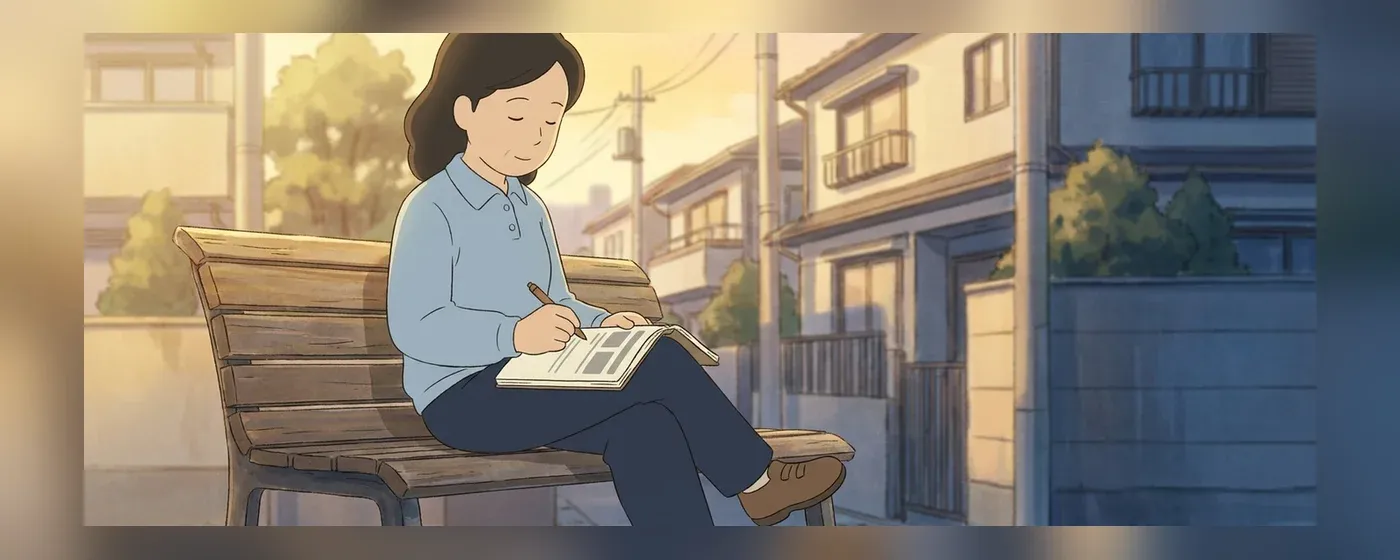 ベンチでノートを開いて笑顔の訪問介護員