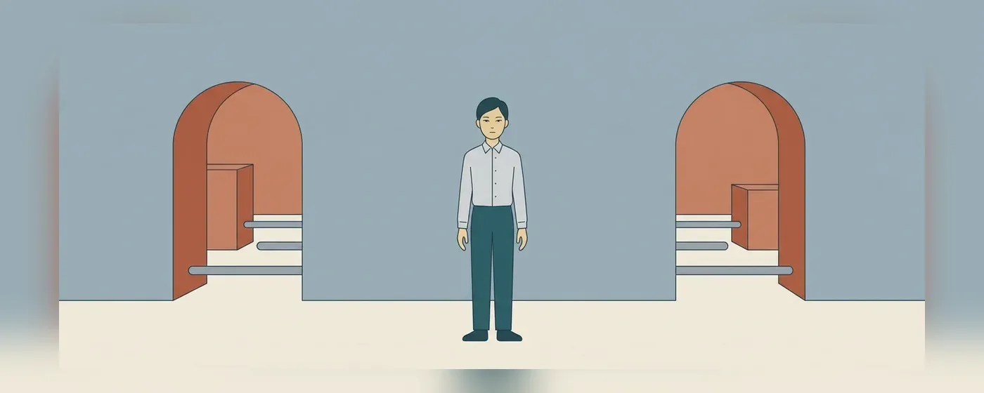 部屋で2つの選択肢について考えている人物