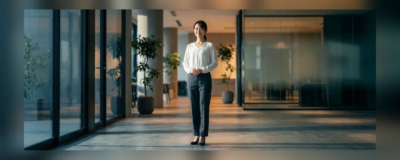 オフィスで前を向いて微笑む女性社員