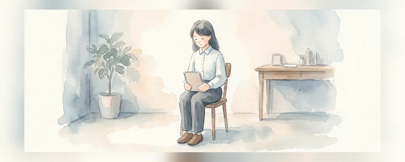 静かな部屋でノートを両手で持ち考え込むスーツ姿の人物