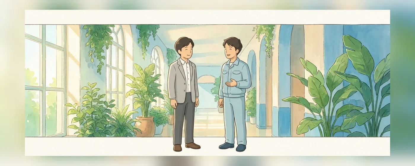 スーツ姿と作業着姿で和やかに会話する二人の社員