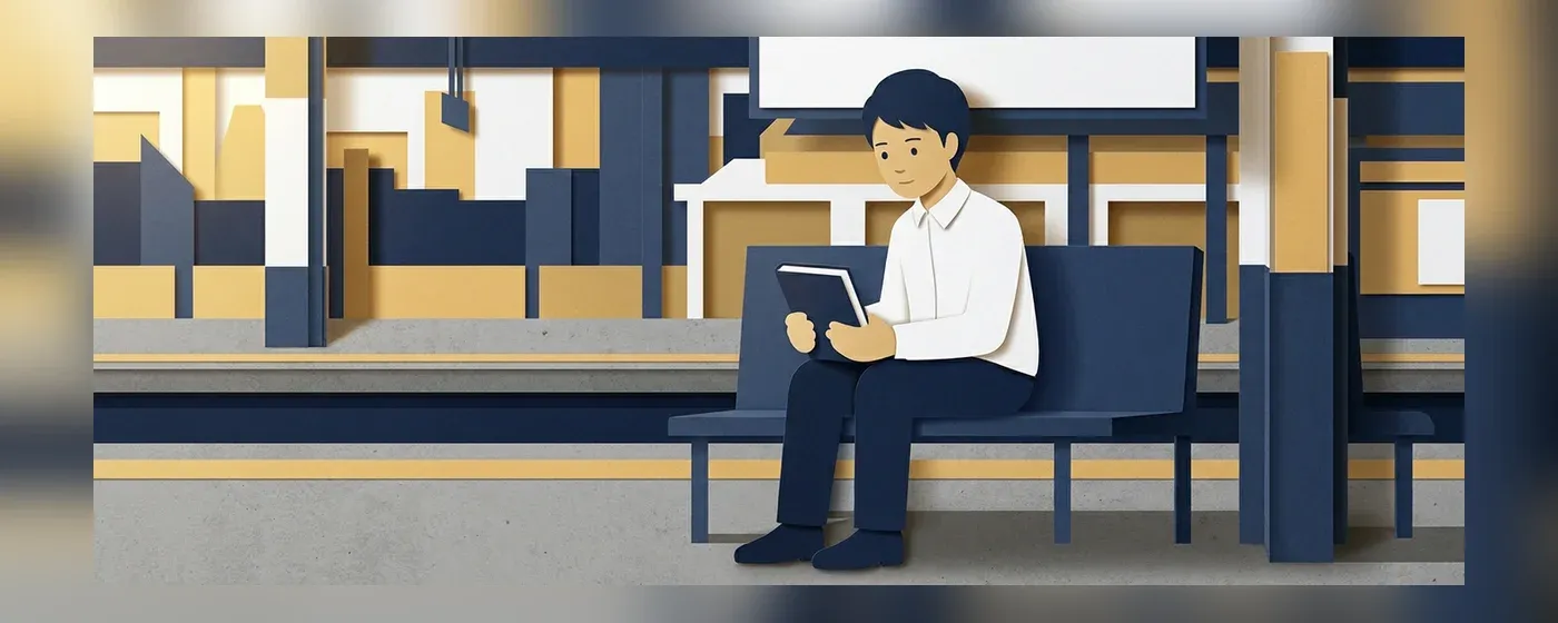 駅のホームのベンチに座りノートを開いて考えている人物