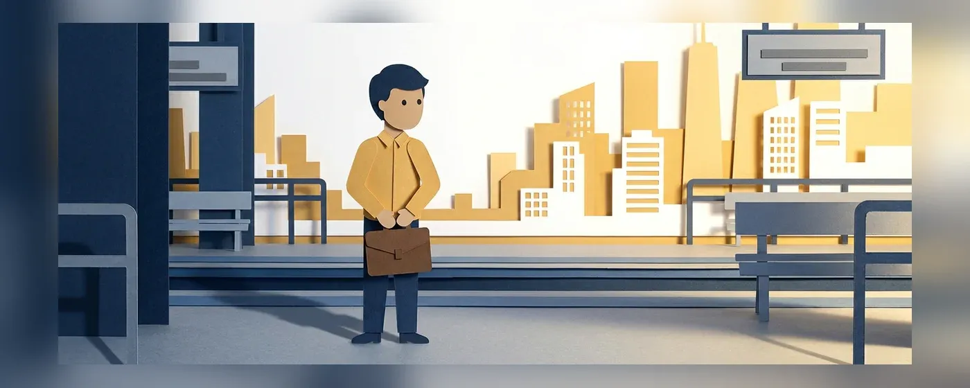 駅のホームに立ち遠くの街並みを見つめるカバンを持った人物